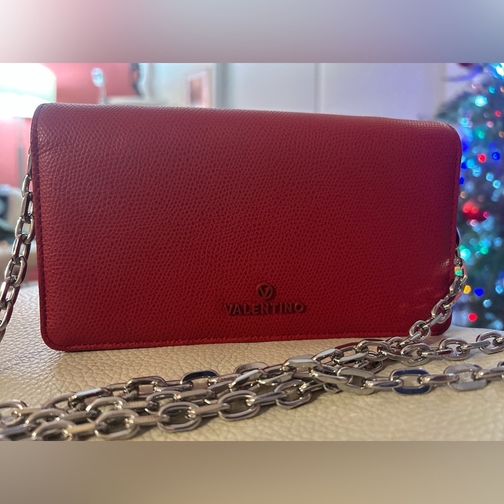 Valentino By Mario Valentino Red Leather Clutch with Silver Chain
